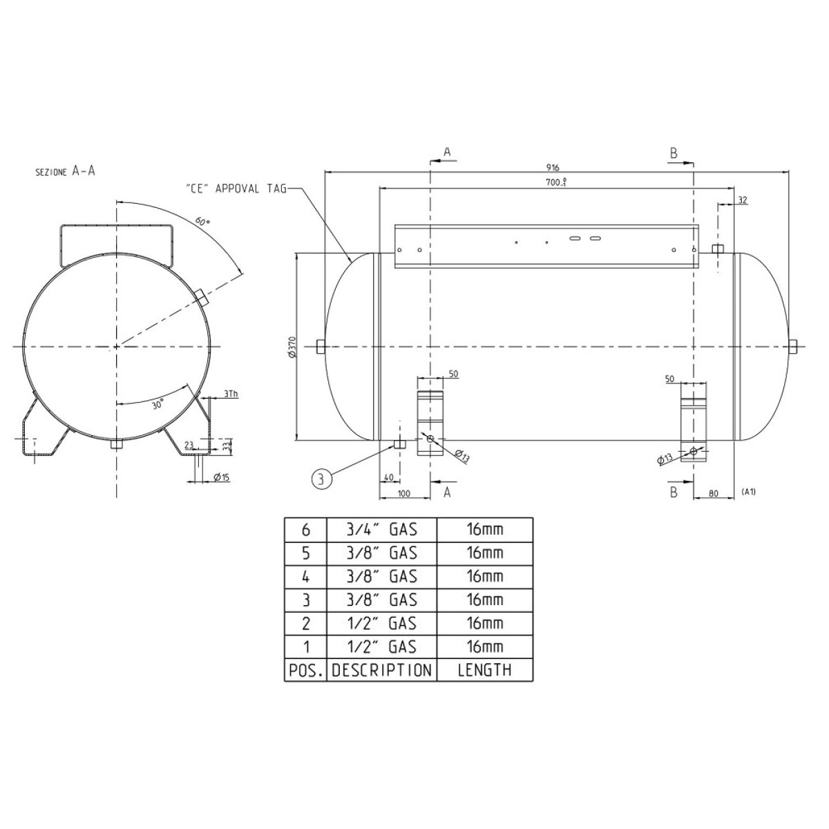 Druckluftkessel 90 L liegend  - 11 bar mit schmaler Konsole ohne Anbau