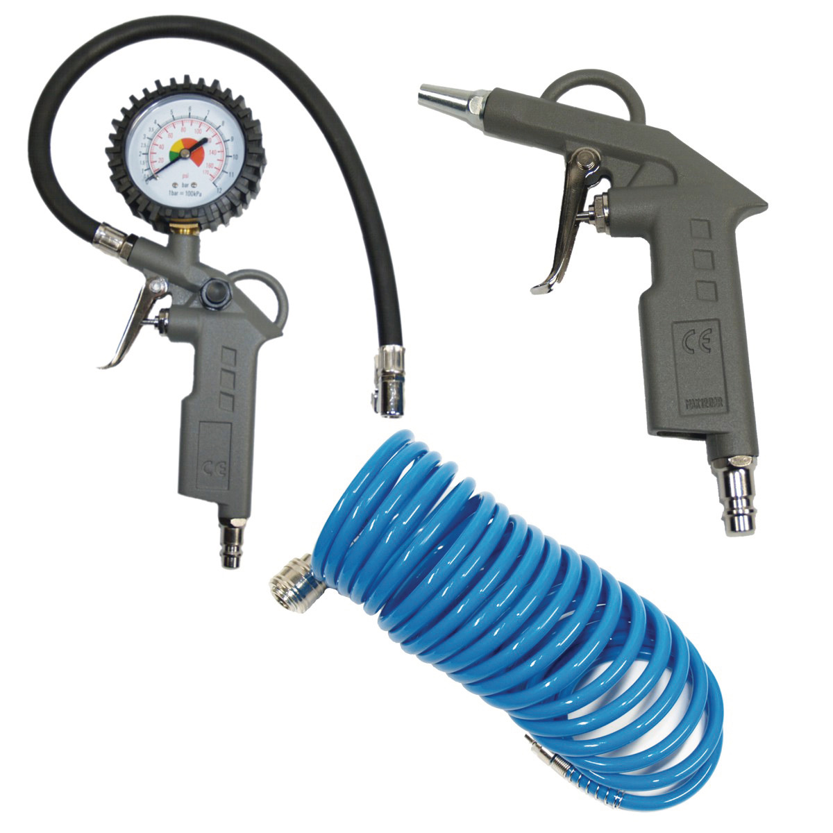 Druckluftset 3 teilig mit Ausblaspistole, Reifenfüller und Spiralschlauch