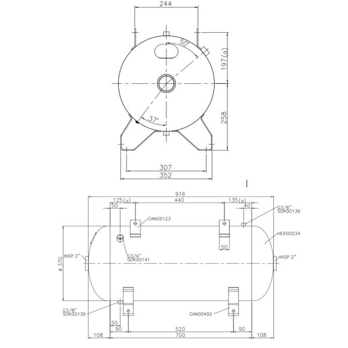 Druckluft Kessel 90 L liegend 11 bar innen beschichtet